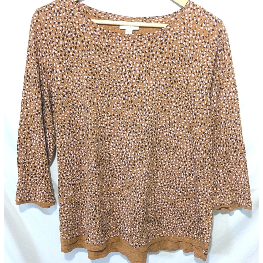 J. Jill Women’s Brown Dot Print 3/4 Sleeve Cotton Tunic Blouse Shirt Sz L